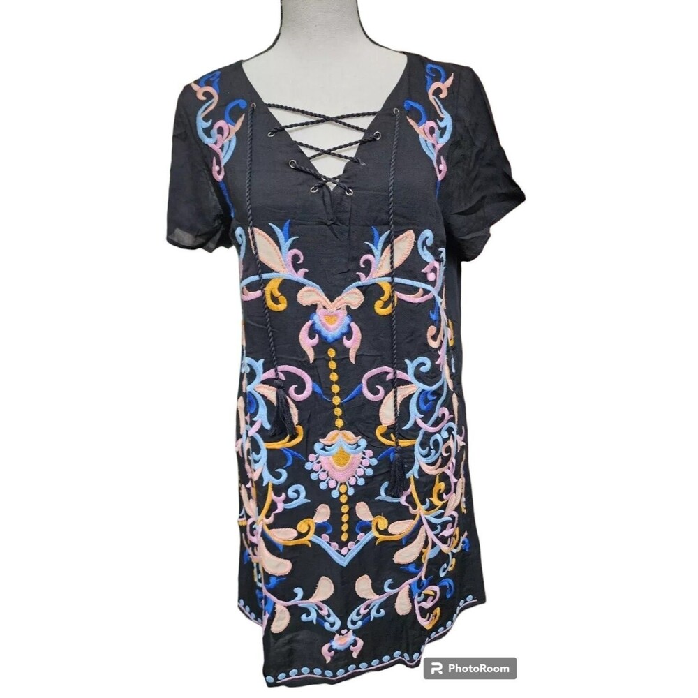 Skies Are Blue Embroidered Dress NEW Size Small Boho Hippie Lined Tassel